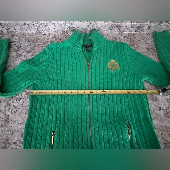 Lauren Ralph Lauren Emerald Green Cable Knit Sweater Jacket Gold Zip Size L - Picture 10 of 11